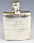 Victorian or Edward VII hallmarked silver hip flask with hinged bayonet cap and pull off cup,