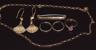 A 9ct gold chain, 9ct gold ring set with an amethyst, 9ct gold brooch and two pairs of 9ct gold