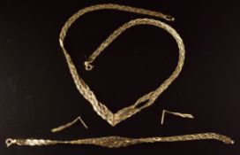 A 9ct gold plaited tricolour necklace, bracelet and earrings, 9.6g