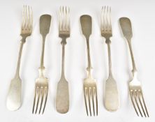 German set of six fiddle pattern 800 grade silver table forks, length 21cm, weight 327g
