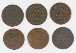 Six 1669 Tetbury town farthing tokens