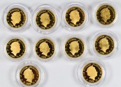 Royal Mint set of ten Queen Elizabeth II The Queen's Beasts quarter ounce gold proof coins