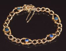 Edwardian 15ct gold bracelet set with five sapphires, 9.4g