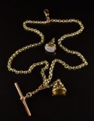 Victorian fob chain with 9ct gold clip, 9ct gold T bar (3g) and two Victorian fobs, one set with