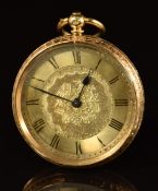 Unnamed 14ct gold open faced pocket watch with blued hands, black Roman numerals, engraved gold dial