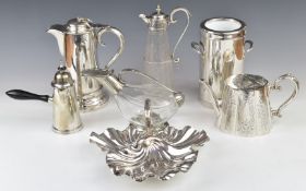 Collection of silver plated ware to include cut glass claret jug, wine cooler, trefoil dish etc,