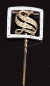 Edwardian 9ct gold stick pin set with enamel and seed pearls in a letter 'S', 1.7g