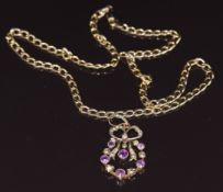 Edwardian 9ct gold pendant set with amethysts and seed pearls in a bow design and a 9ct gold curb