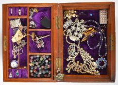 A collection of jewellery including agate necklace, jet locket, diamanté earrings, two silver rings,