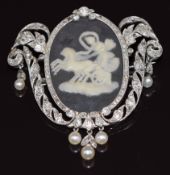 A platinum brooch set with a Wedgwood plaque, old cut diamonds and natural pearls, 11.7g