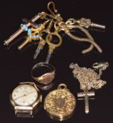 A 9ct gold chain, 9ct gold cross, 9ct gold signet ring (4.7g), 9ct gold back & front locket with