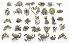 Thirty silver brooches, mostly in the form of animals set with marcasite including tortoise, fly,