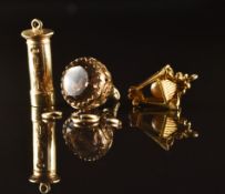 Three 9ct gold charms including a postbox, lamp and fob set with smoky quartz, 7g