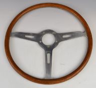 Spyder classic car steering wheel with wood rim and aluminium spokes, stamped Spyder and Pat App