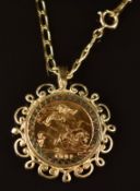 A 1982 gold half sovereign in 9ct gold pendant mount, on 9ct gold chain, 10.7g