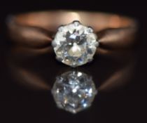 A 14k rose gold ring set with an old cut diamond of approximately 0.75ct, 2.4g, size M