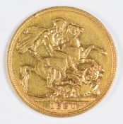 1880 Queen Victoria young head gold full sovereign with Melbourne mint mark