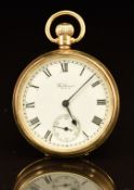 Waltham 9ct gold keyless winding open faced pocket watch with inset subsidiary seconds dial, blued
