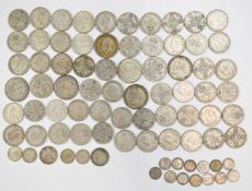 Approximately 764g of pre-1947 UK silver coinage, includes some silver threepenny pieces of pre-1920