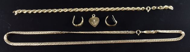 A 9ct gold curb link necklace, section of 9ct gold rope twist bracelet, two single 9ct gold earrings