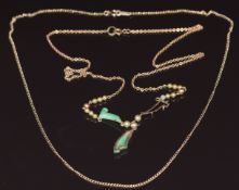 Two 9ct gold necklaces, one set with faux pearls and faux jade, 7.5g