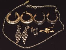 Four pairs of 9ct gold earrings including hoops, etc, 9g and a section of Victorian chain