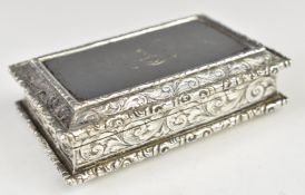 Victorian hallmarked silver snuff box with scrolling border and gilt interior, engraved with date