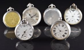 Six silver pocket watches and pocket watch cases inclusding Waltham, largest case diameter 54mm.