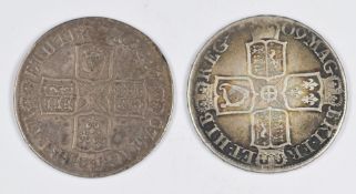 1707 Queen Anne half crown, Edinburgh 'E' below bust, together with a 1709 example, both about fine