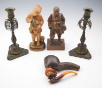 Carved Meerschaum figural pipe in case, two Black Forest or similar carved wooden figures