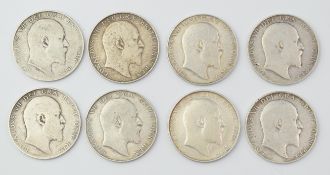 A collection of Edward VII half crowns 1902, 1903, 1904, 1906, 1907, 1908, 1909 and 1910