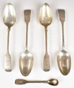 Four William IV and Victorian hallmarked silver fiddle pattern table spoons, various dates and