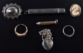 A 9ct gold ring set with sapphires and cubic zirconia (1.7g), Victorian silver brooch, silver