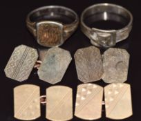 A pair of 9ct gold cufflinks (4.1g), a pair of silver cufflinks with 9ct gold plate, silver buckle