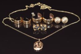 Four pairs of 9ct gold earrings including hoops, sapphire set and engine turned, a 9ct gold chain