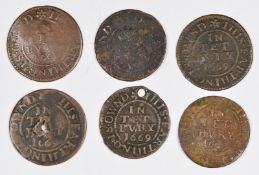 Six 1669 Tetbury town farthing tokens, two holed