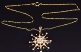 Edwardian 15ct gold pendant / brooch set with seed pearls and turquoise on a 15ct gold chain, 7.6g