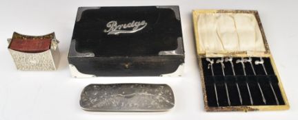 Hallmarked silver mounted items comprising miniature hymn book in holder, length 7cm, weight 49g,