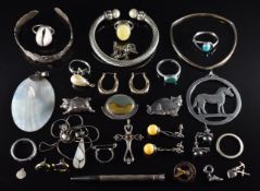 A pair of 9ct gold hoop earrings (1g), a pair of silver earrings set with amber, two silver bangles,