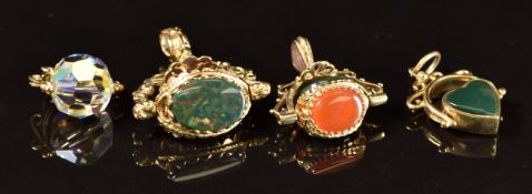 Four 9ct gold swivel fobs set with agate and one crystal, 16.9g