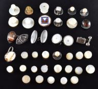 A collection of mother of pearl studs, silver stud set with agate, Victorian stud set with enamel,