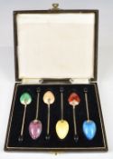 Cased set of George VI hallmarked silver gilt and guilloché enamel coffee bean spoons, Birmingham