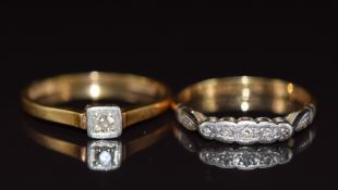 Two Art Deco 18ct gold rings set with diamonds in a platinum settings, 4.4g, size M & O
