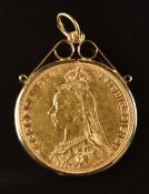 An 1891 gold full sovereign with Melbourne mint mark, in 9ct gold pendant mount, 8.7g