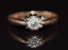 A 9ct rose gold ring set with an old cut diamond of approximately 0.2ct, size N, 1.7g