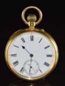 John Vincent of Weymouth 18ct gold keyless winding open faced pocket watch with inset subsidiary