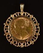 An 1863 gold full sovereign in 9ct gold pendant mount, 11.3g