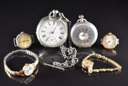 Six pocket and wristwatches comprising a hallmarked silver half hunter, an open faced pocket watch