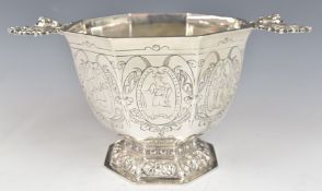 19thC Dutch silver octagonal twin handled bowl, width 21cm, weight 364g