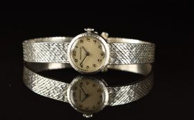 Jaeger LeCoultre 9ct white gold ladies wristwatch with blued hands, black Arabic numerals, silver